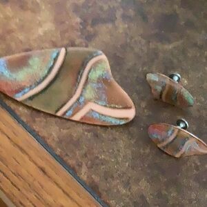 Vintage Enamel Copper Brooch and Earrings Set